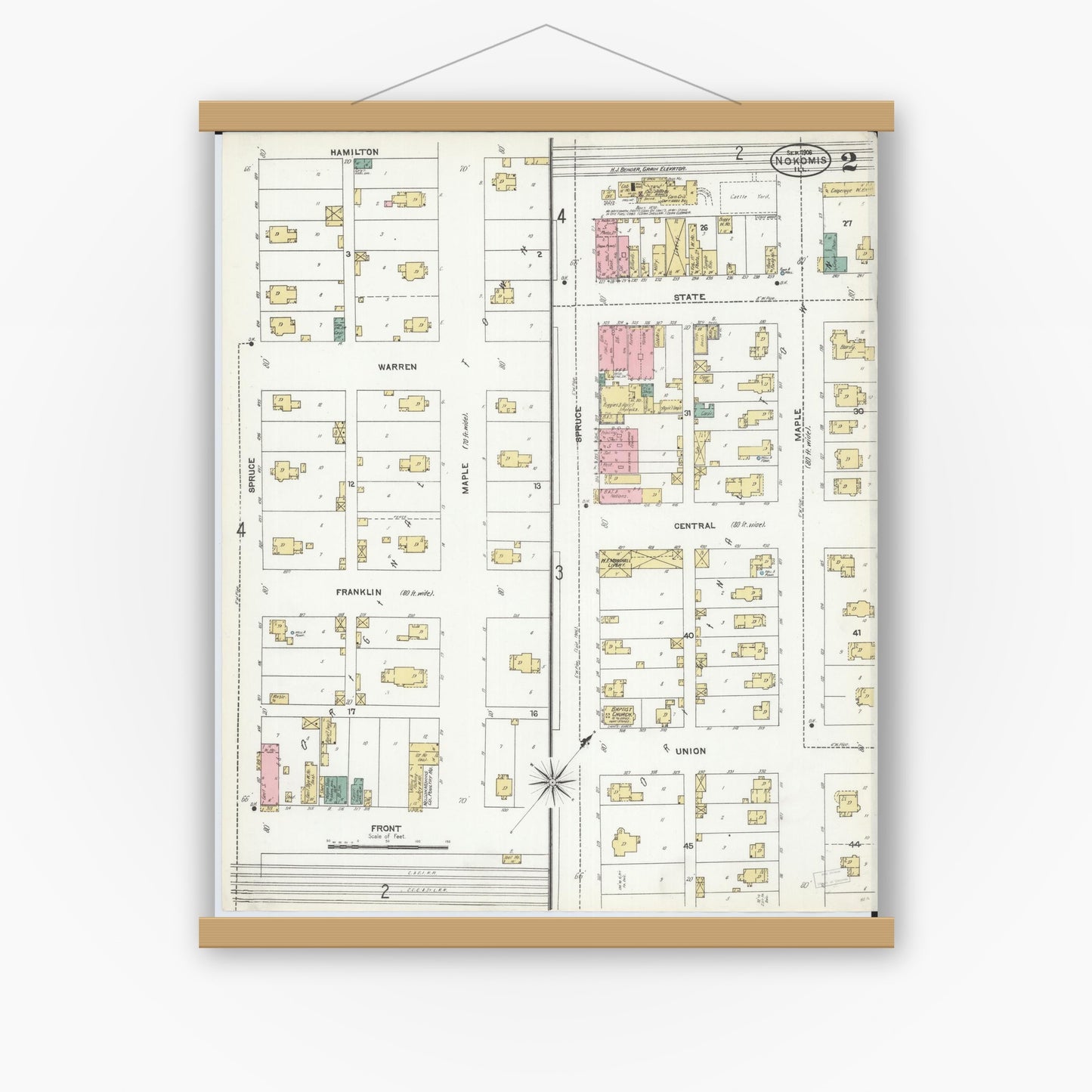 Old map wall art mockup — magnetic wood frame on white wall — Sanborn Fire Insurance Map from Nokomis, Montgomery County, Illinois (1906), Sheet #0002