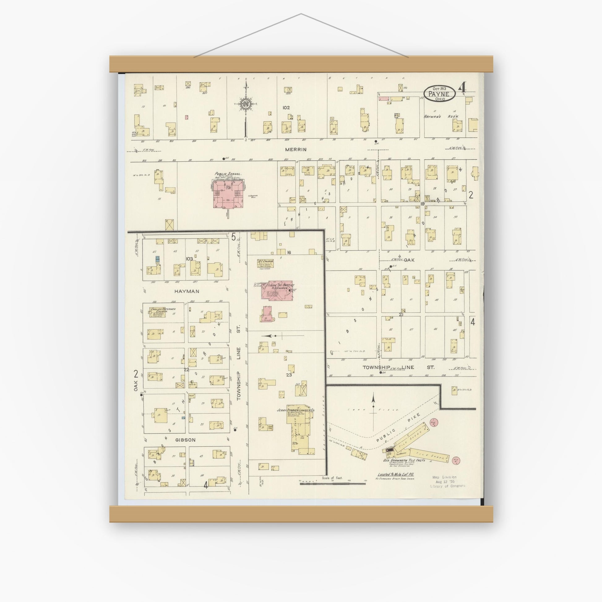Old map wall art mockup — magnetic wood frame on white wall — Sanborn Fire Insurance Map from Payne, Paulding County, Ohio (1913), Sheet #0004