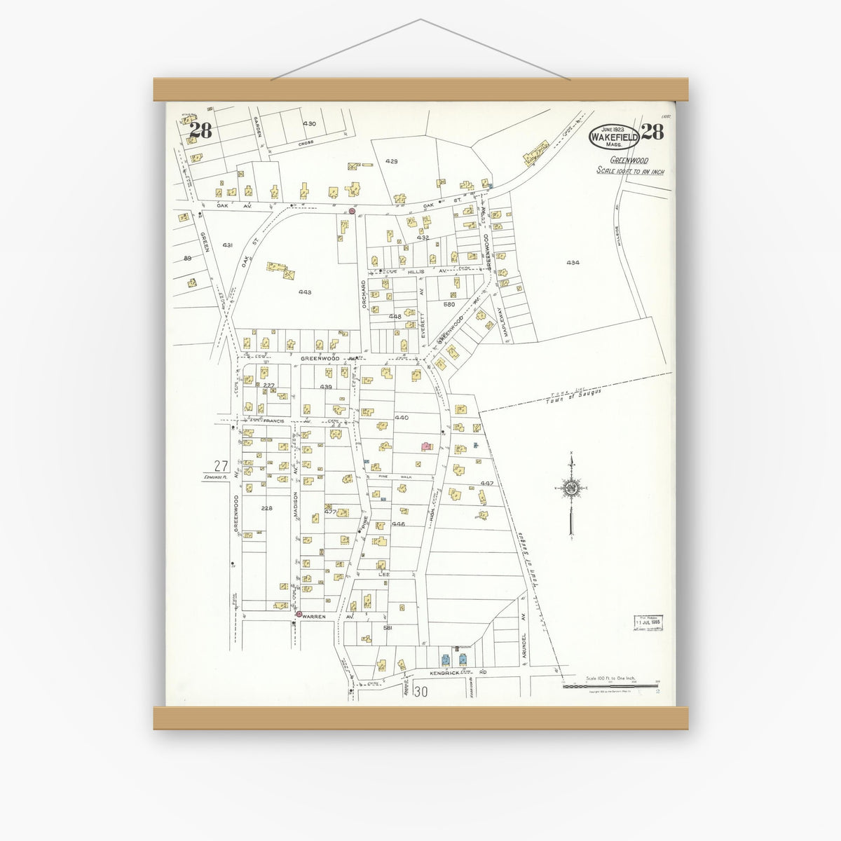 Old map wall art mockup — magnetic wood frame on white wall — Sanborn Fire Insurance Map from Wakefield, Middlesex County, Massachusetts (1923), Sheet #0028