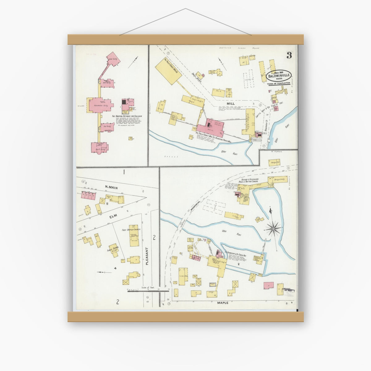 Old map wall art mockup — magnetic wood frame on white wall — Sanborn Fire Insurance Map from Baldwinville, Worcester County, Massachusetts (1905), Sheet #0003