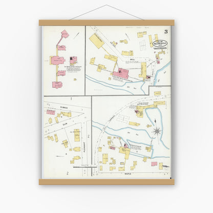 Old map wall art mockup — magnetic wood frame on white wall — Sanborn Fire Insurance Map from Baldwinville, Worcester County, Massachusetts (1905), Sheet #0003