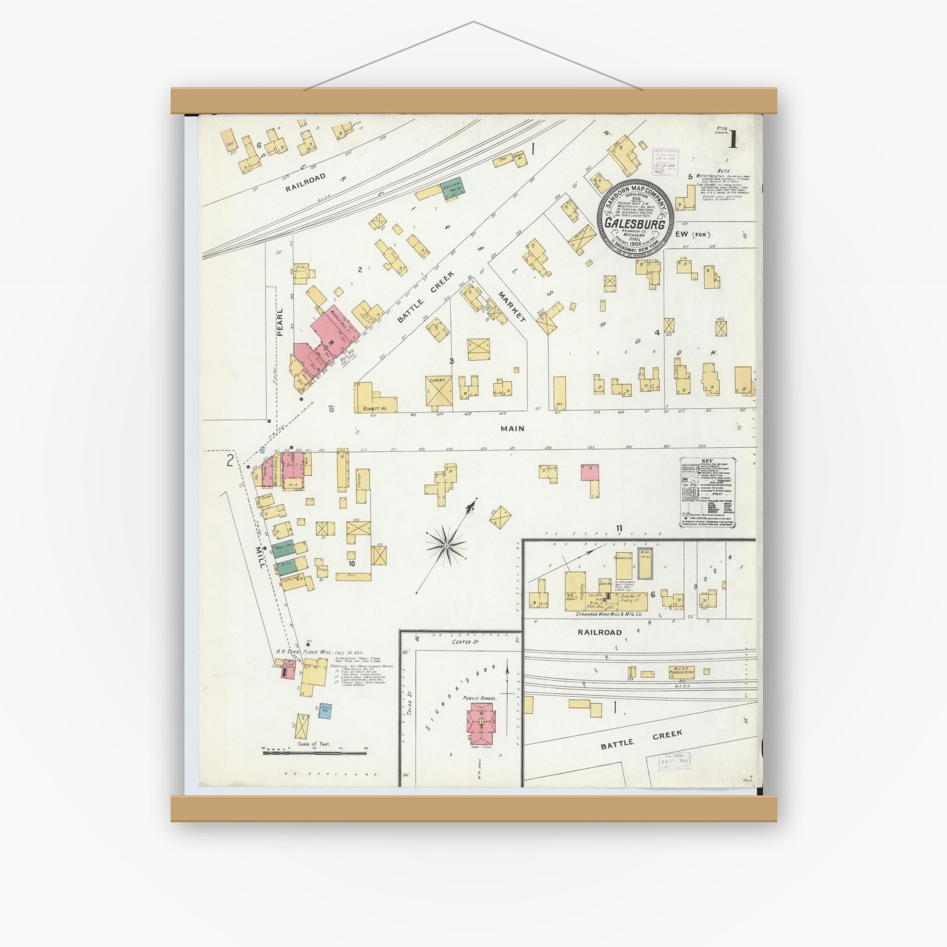 Old map wall art mockup — magnetic wood frame on white wall — Sanborn Fire Insurance Map from Galesburg, Kalamazoo County, Michigan (1906), Sheet #0001