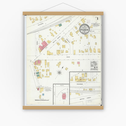 Old map wall art mockup — magnetic wood frame on white wall — Sanborn Fire Insurance Map from Galesburg, Kalamazoo County, Michigan (1906), Sheet #0001