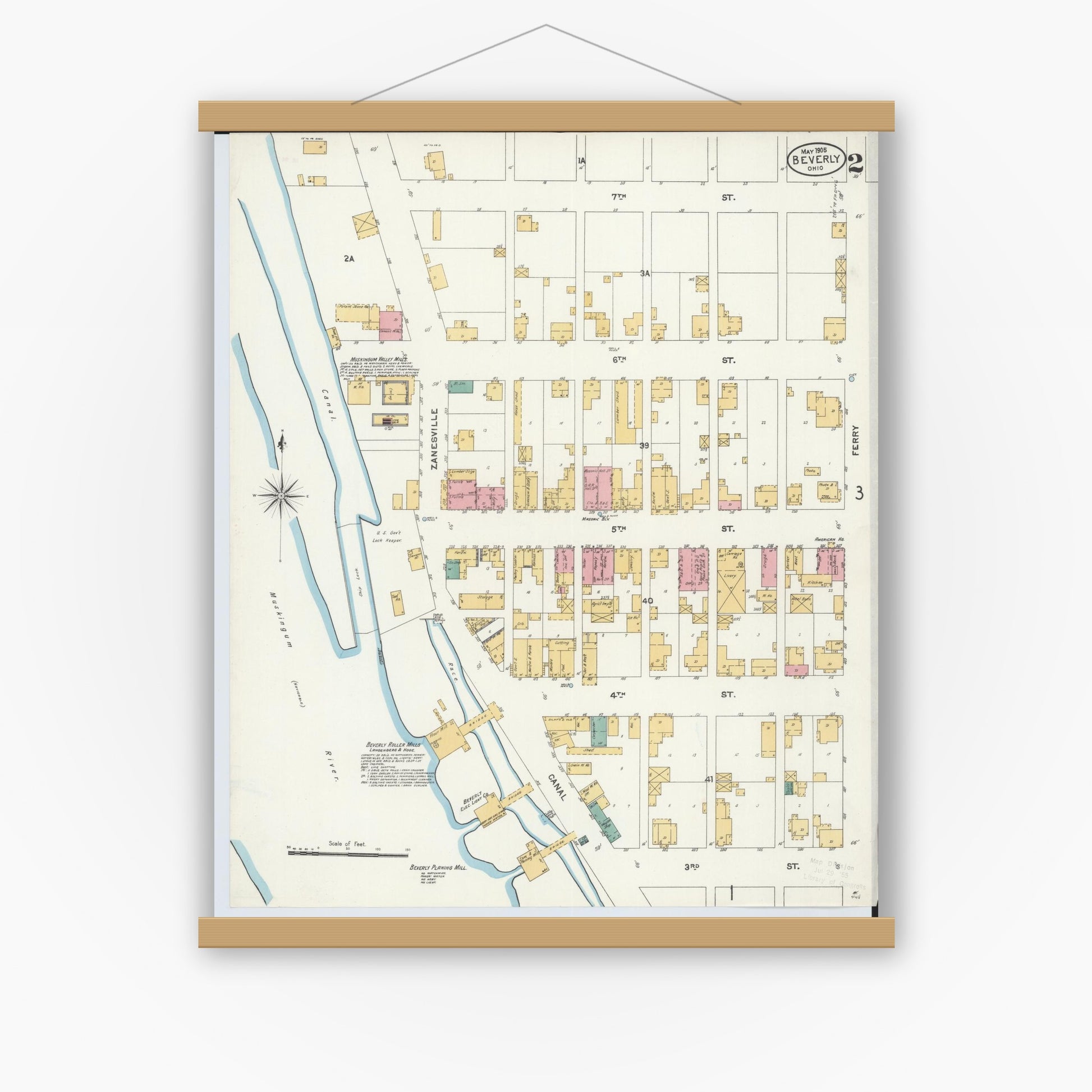 Old map wall art mockup — magnetic wood frame on white wall — Sanborn Fire Insurance Map from Beverly, Washington County, Ohio (1905), Sheet #0002
