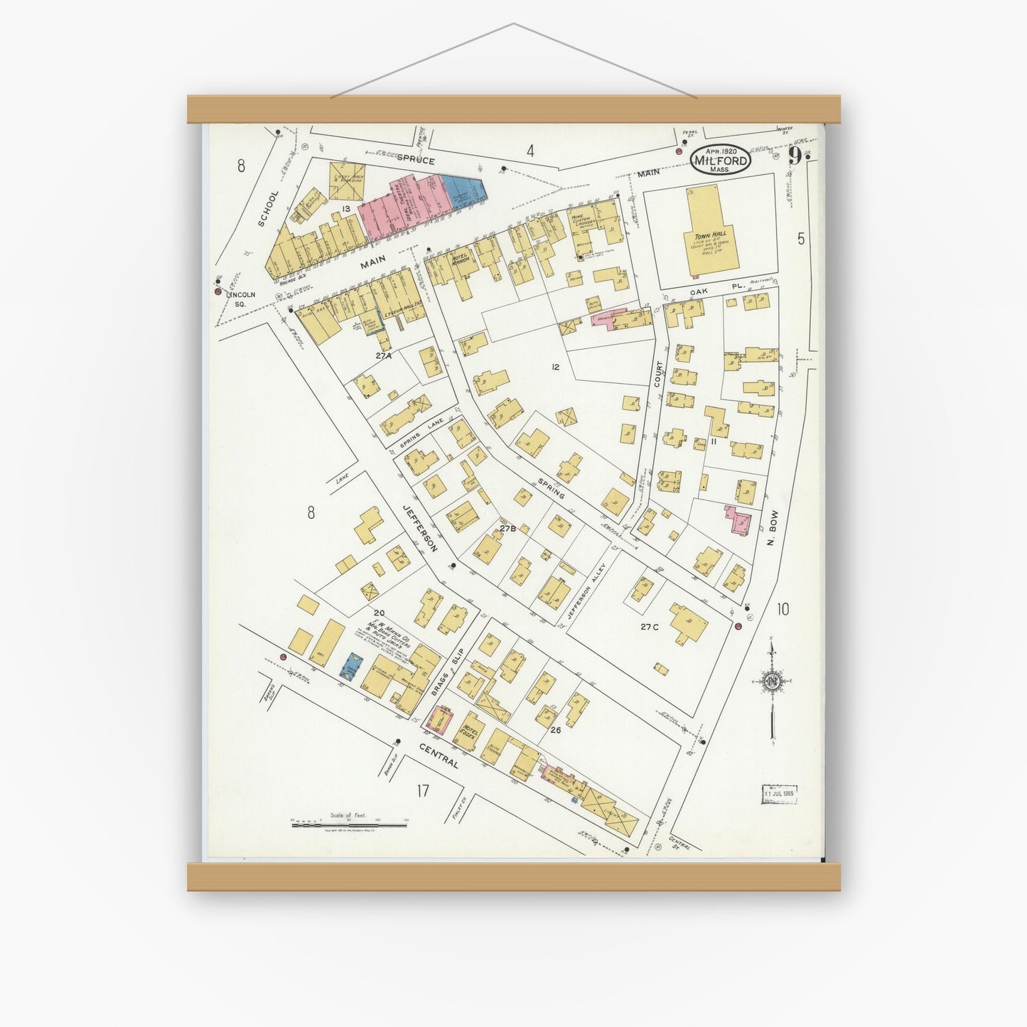 Old map wall art mockup — magnetic wood frame on white wall — Sanborn Fire Insurance Map from Milford, Worcester County, Massachusetts (1920), Sheet #0009