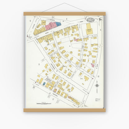Old map wall art mockup — magnetic wood frame on white wall — Sanborn Fire Insurance Map from Milford, Worcester County, Massachusetts (1920), Sheet #0009