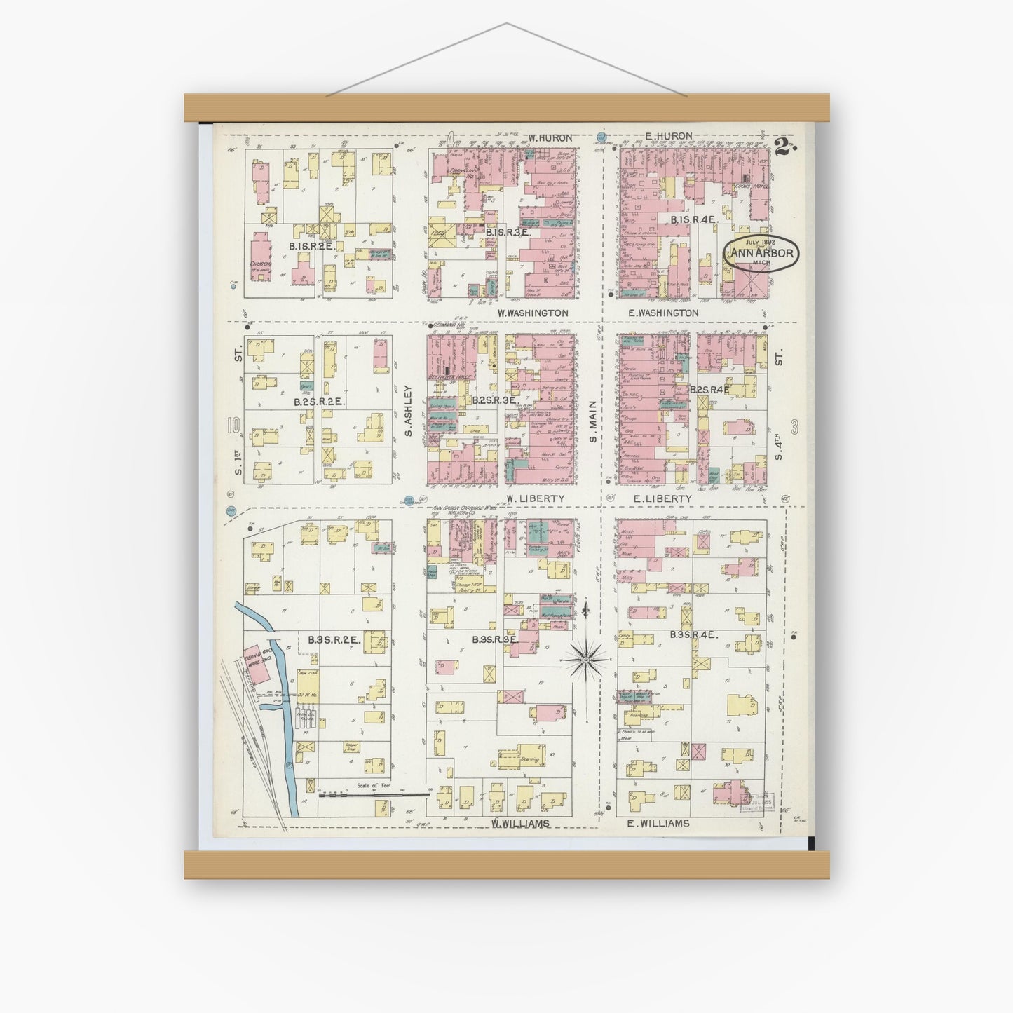 Old map wall art mockup — magnetic wood frame on white wall — Sanborn Fire Insurance Map from Ann Arbor, Washtenaw County, Michigan (1892), Sheet #0002