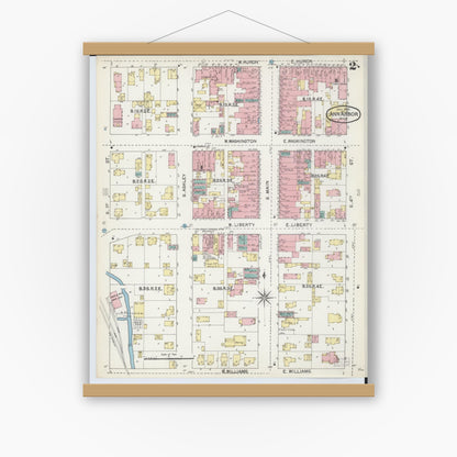 Old map wall art mockup — magnetic wood frame on white wall — Sanborn Fire Insurance Map from Ann Arbor, Washtenaw County, Michigan (1892), Sheet #0002