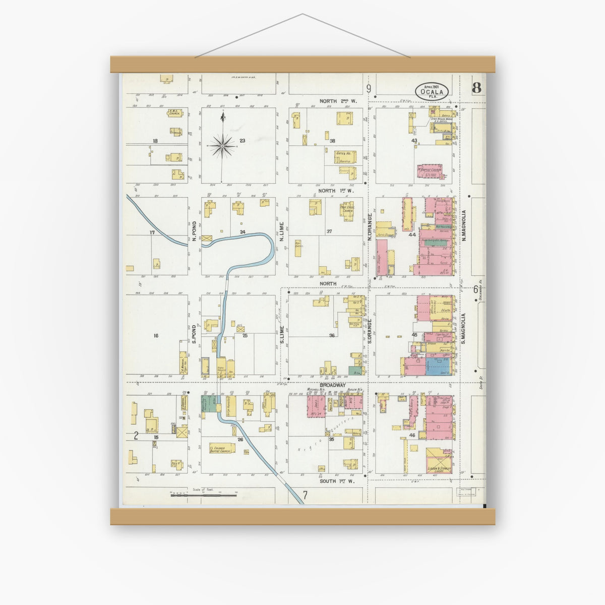 Old map wall art mockup — magnetic wood frame on white wall — Sanborn Fire Insurance Map from Ocala, Marion County, Florida (1901), Sheet #0008