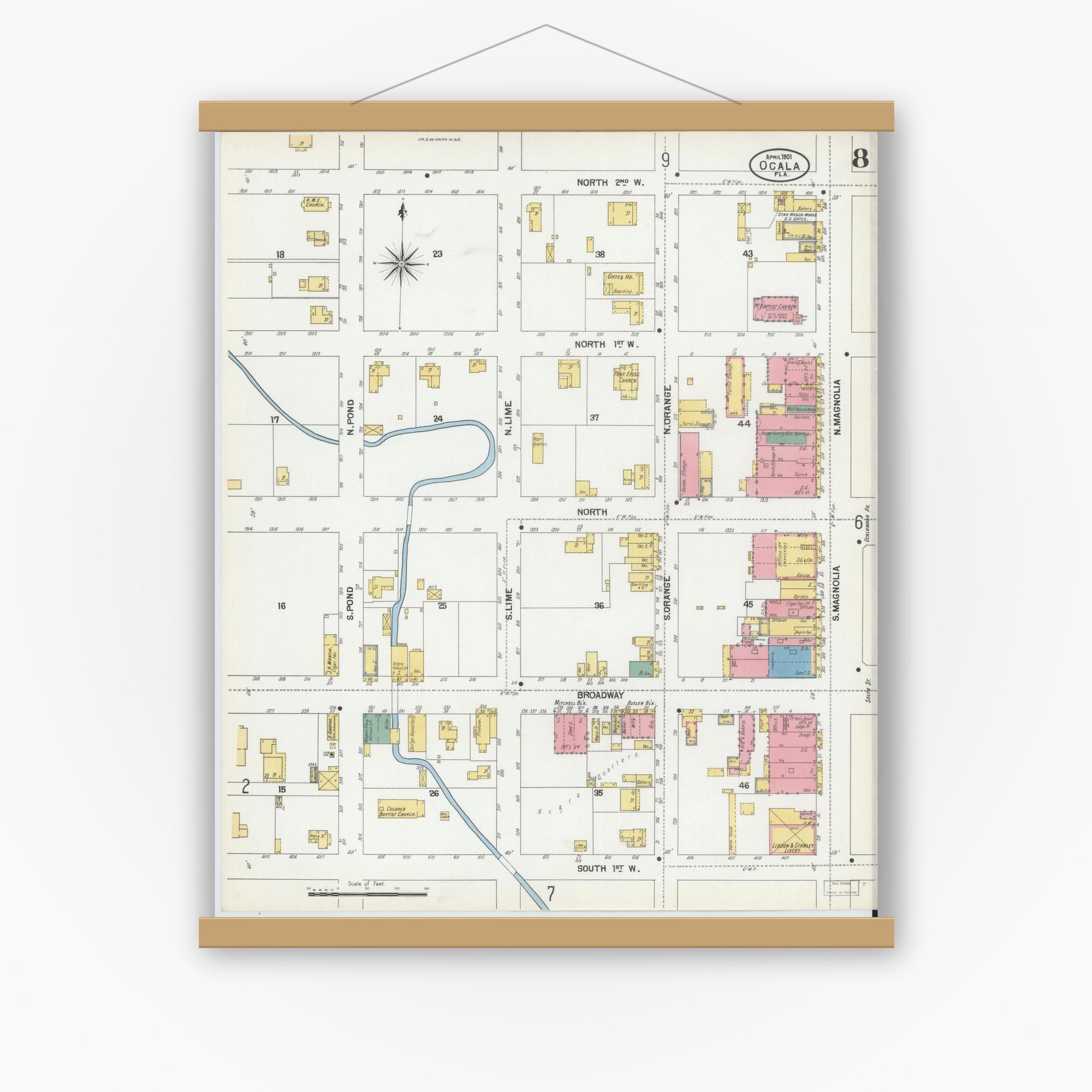 Old map wall art mockup — magnetic wood frame on white wall — Sanborn Fire Insurance Map from Ocala, Marion County, Florida (1901), Sheet #0008