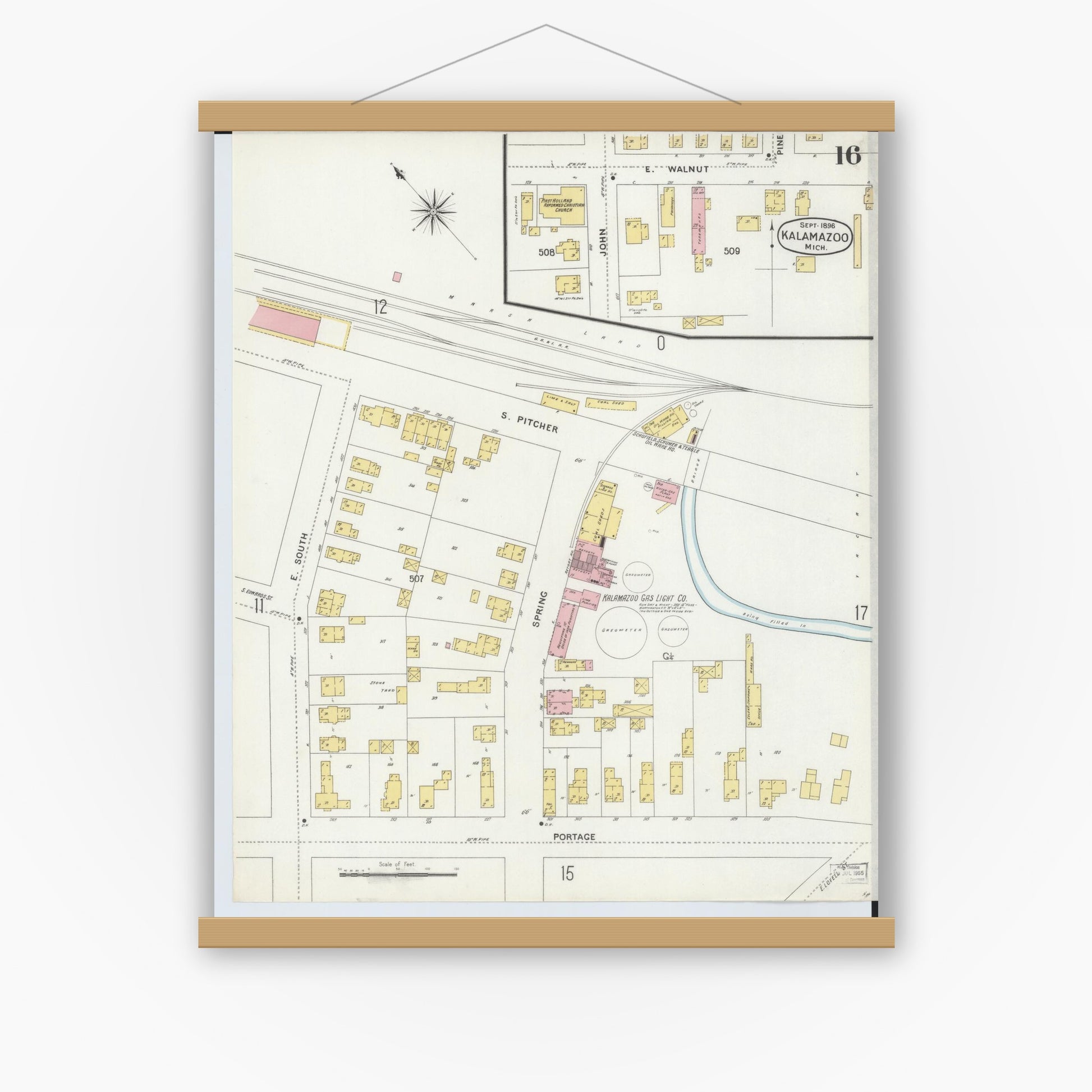 Old map wall art mockup — magnetic wood frame on white wall — Sanborn Fire Insurance Map from Kalamazoo, Kalamazoo County, Michigan (1896), Sheet #0016