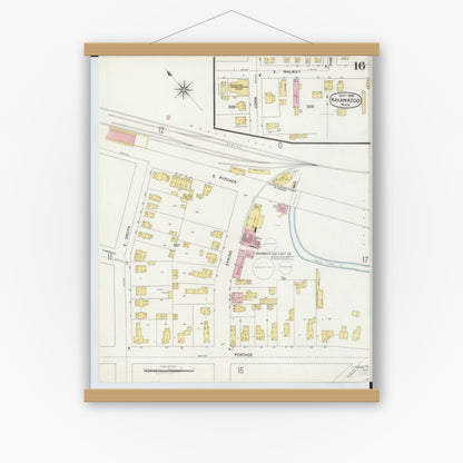 Old map wall art mockup — magnetic wood frame on white wall — Sanborn Fire Insurance Map from Kalamazoo, Kalamazoo County, Michigan (1896), Sheet #0016