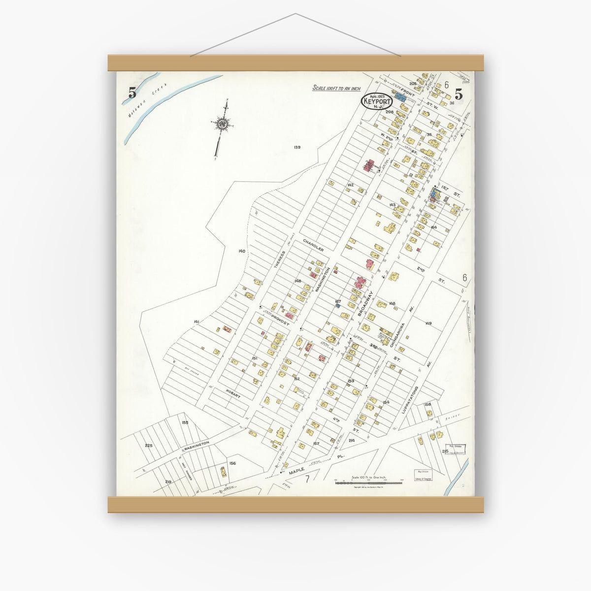 Old map wall art mockup — magnetic wood frame on white wall — Sanborn Fire Insurance Map from Keyport, Monmouth County, New Jersey (1923), Sheet #0005