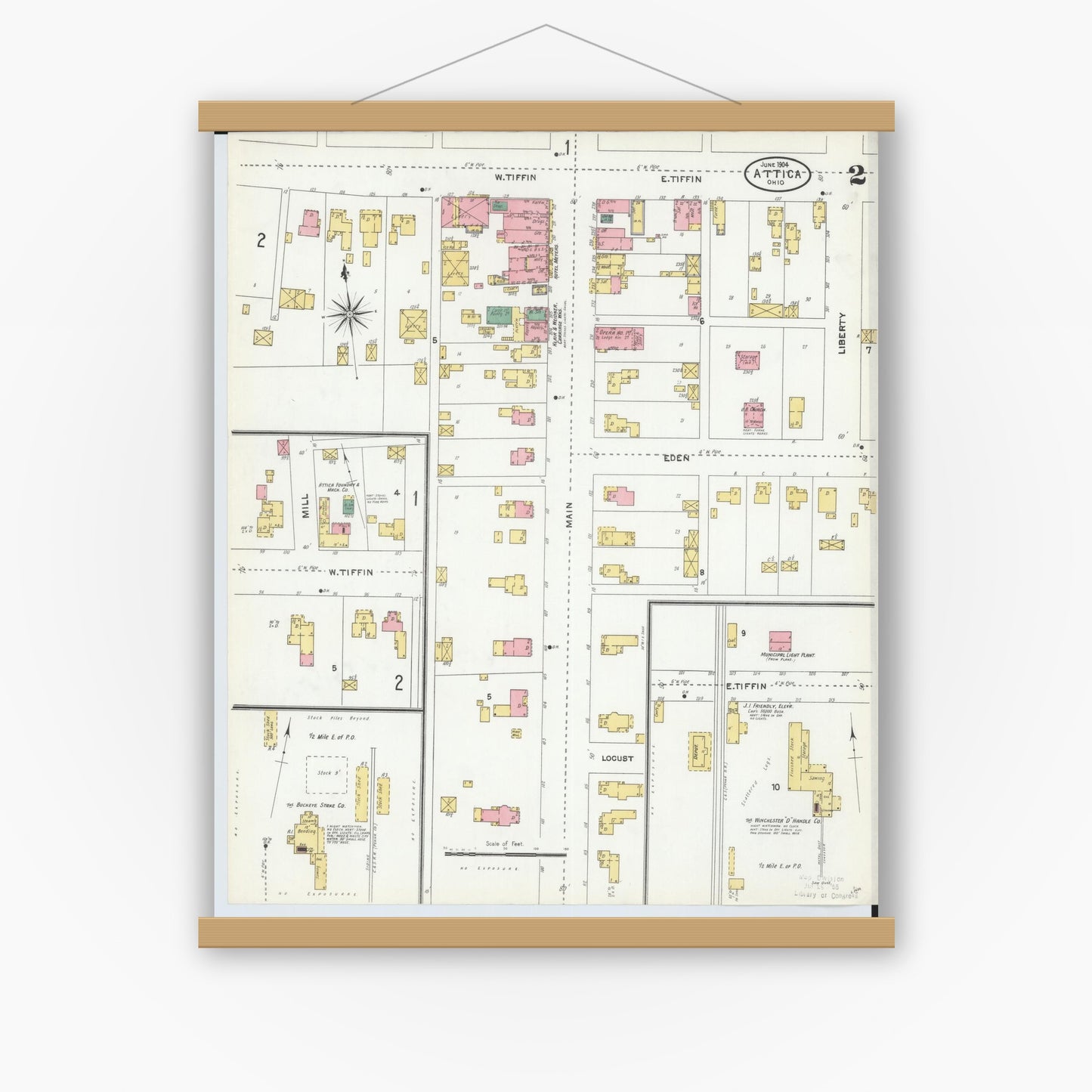 Old map wall art mockup — magnetic wood frame on white wall — Sanborn Fire Insurance Map from Attica, Seneca County, Ohio (1904), Sheet #0002