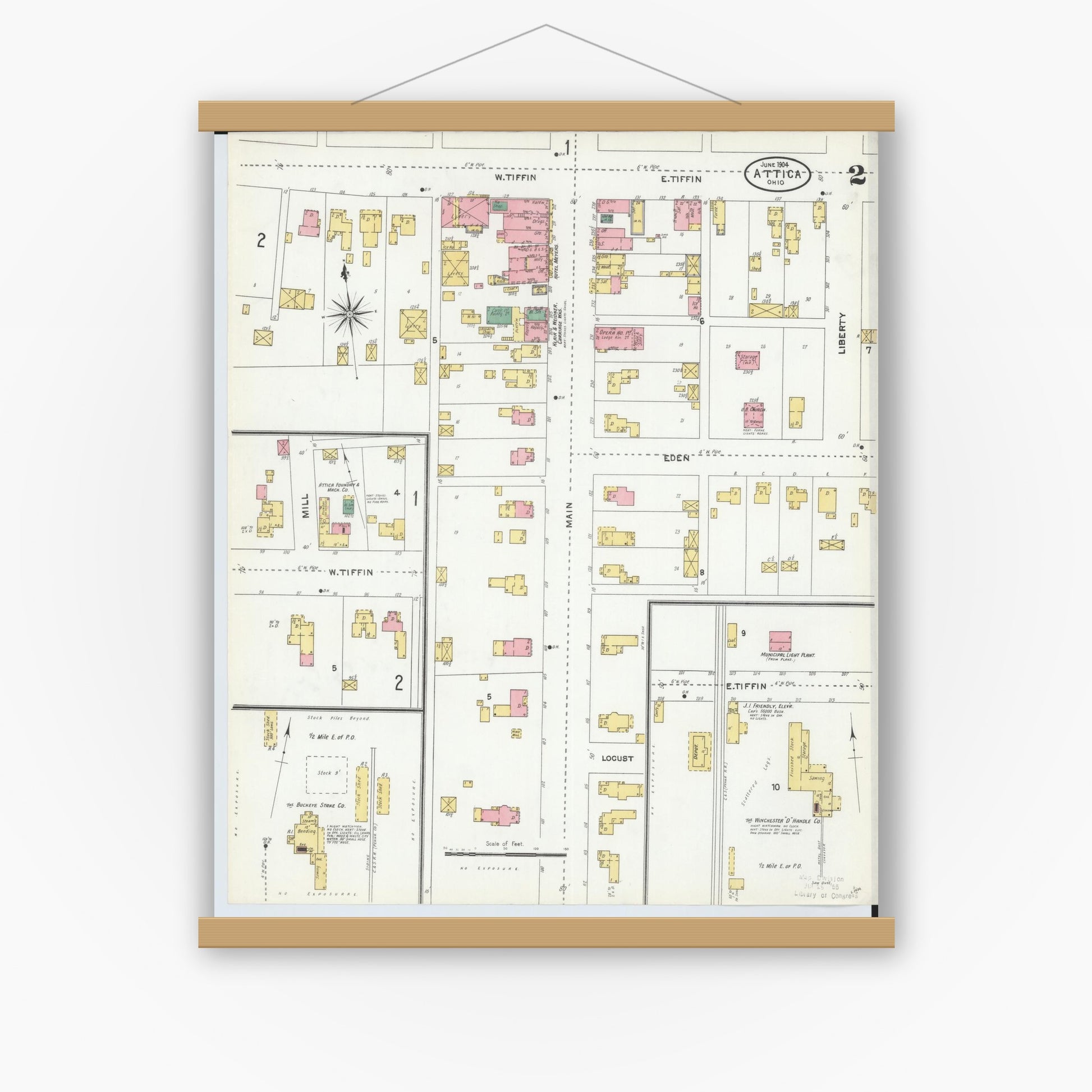 Old map wall art mockup — magnetic wood frame on white wall — Sanborn Fire Insurance Map from Attica, Seneca County, Ohio (1904), Sheet #0002