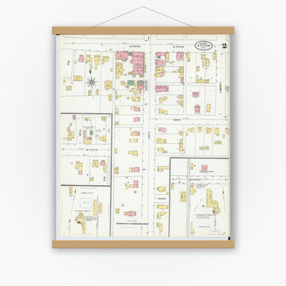Old map wall art mockup — magnetic wood frame on white wall — Sanborn Fire Insurance Map from Attica, Seneca County, Ohio (1904), Sheet #0002