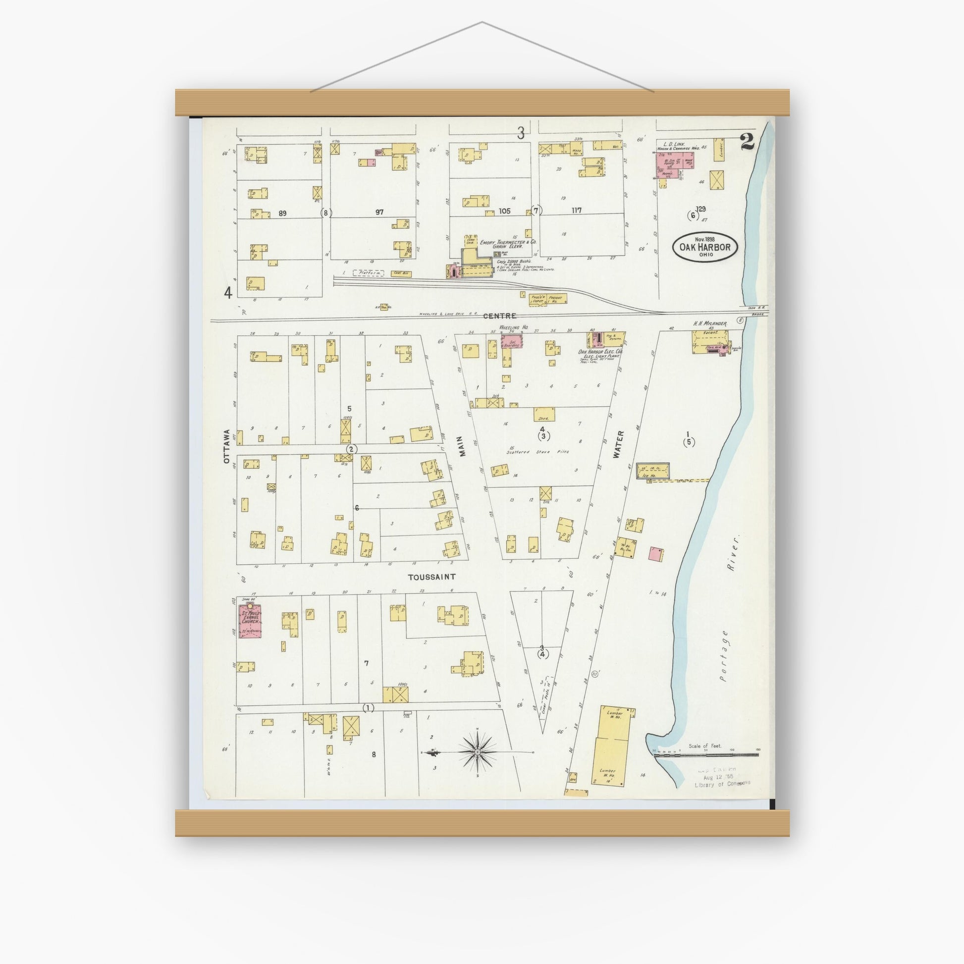 Old map wall art mockup — magnetic wood frame on white wall — Sanborn Fire Insurance Map from Oak Harbor, Ottawa County, Ohio (1898), Sheet #0002