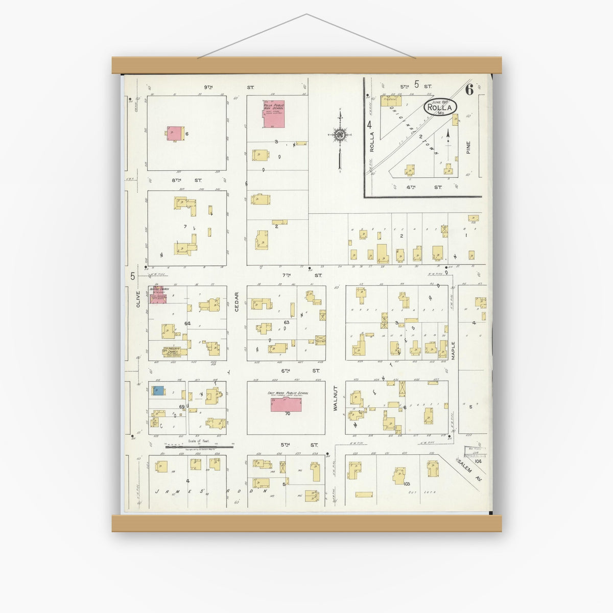Old map wall art mockup — magnetic wood frame on white wall — Sanborn Fire Insurance Map from Rolla, Phelps County, Missouri (1917), Sheet #0006