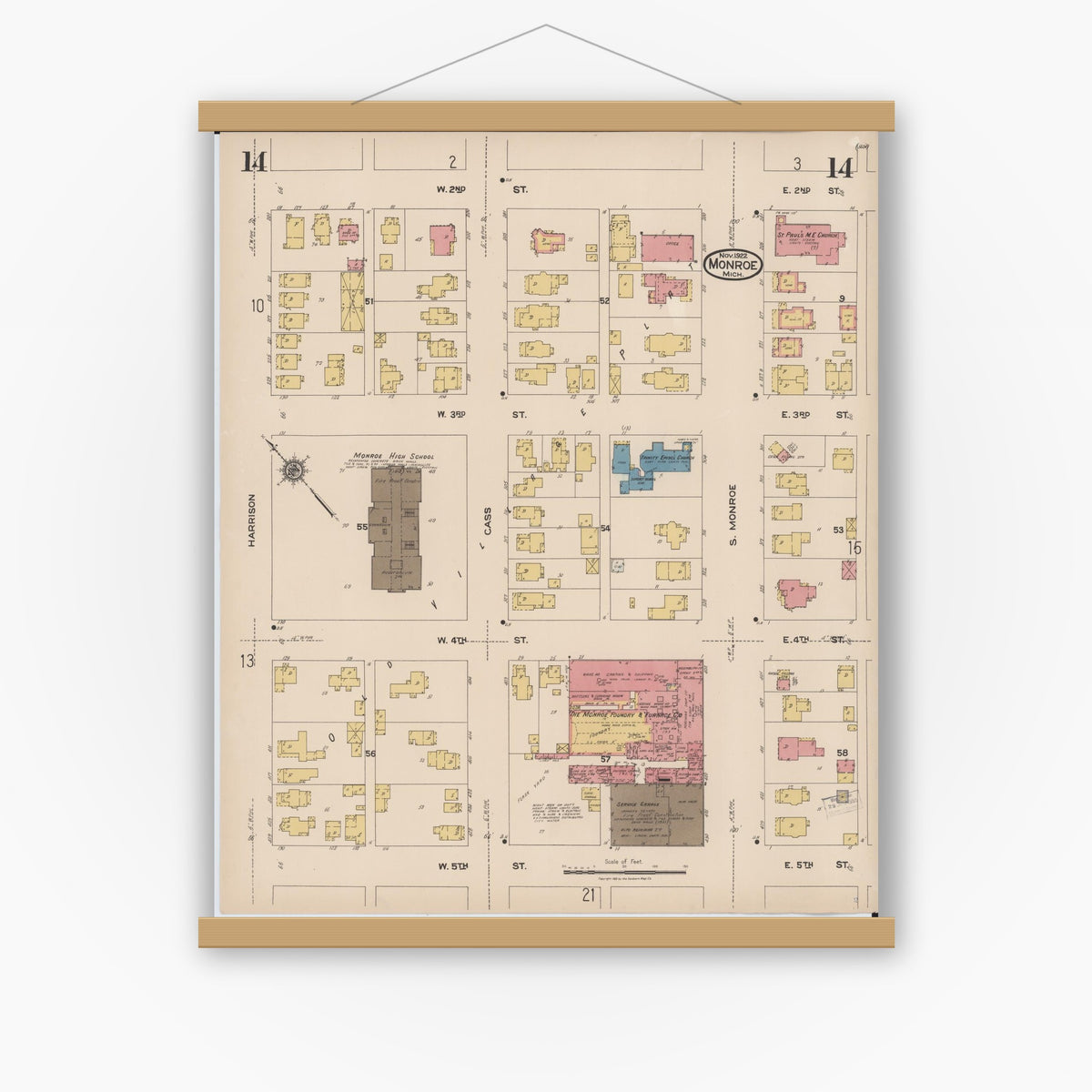 Old map wall art mockup — magnetic wood frame on white wall — Sanborn Fire Insurance Map from Monroe, Monroe County, Michigan (1922), Sheet #0014