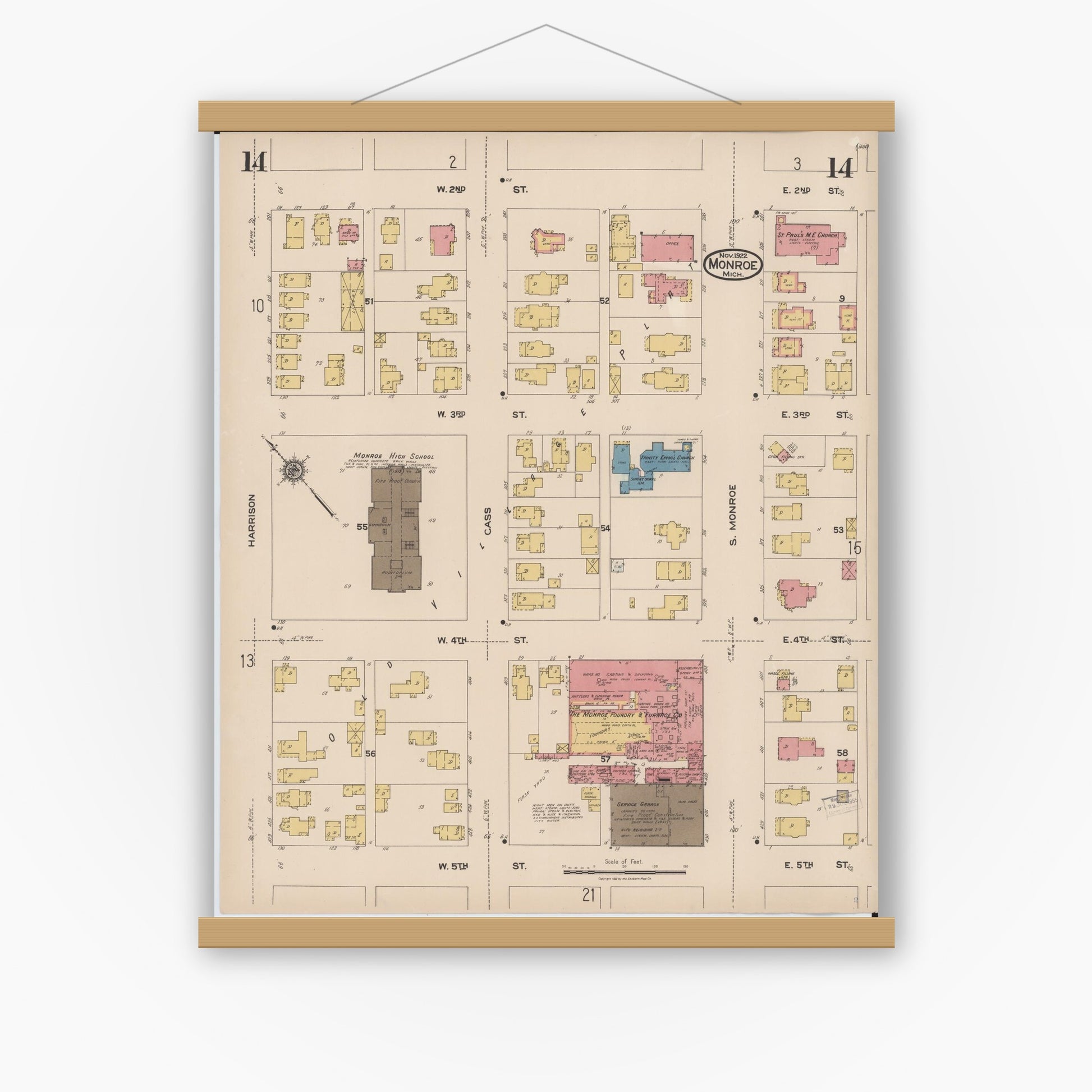 Old map wall art mockup — magnetic wood frame on white wall — Sanborn Fire Insurance Map from Monroe, Monroe County, Michigan (1922), Sheet #0014