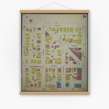 Old map wall art mockup — magnetic wood frame on white wall — Sanborn Fire Insurance Map from Madison, Dane County, Wisconsin (1908), Sheet #0024