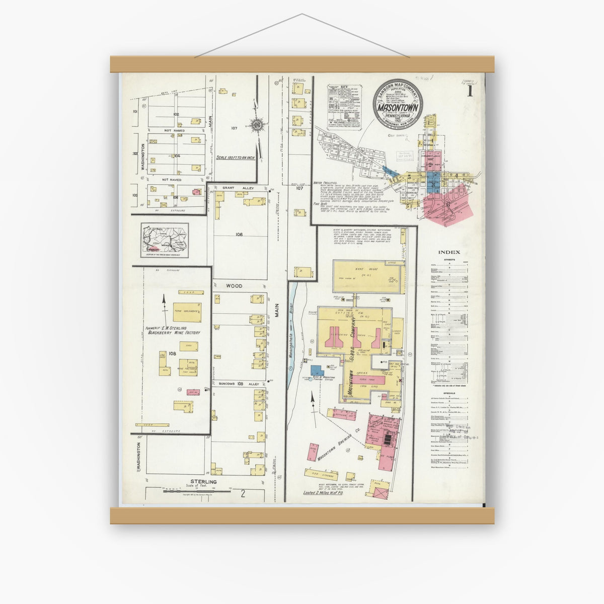 Old map wall art mockup — magnetic wood frame on white wall — Sanborn Fire Insurance Map from Masontown, Fayette County, Pennsylvania (1921), Sheet #0001