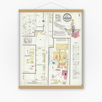 Old map wall art mockup — magnetic wood frame on white wall — Sanborn Fire Insurance Map from Masontown, Fayette County, Pennsylvania (1921), Sheet #0001