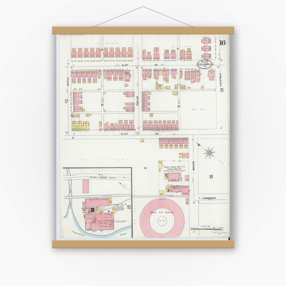Old map wall art mockup — magnetic wood frame on white wall — Sanborn Fire Insurance Map from Columbia, Lancaster County, Pennsylvania (1899), Sheet #0016