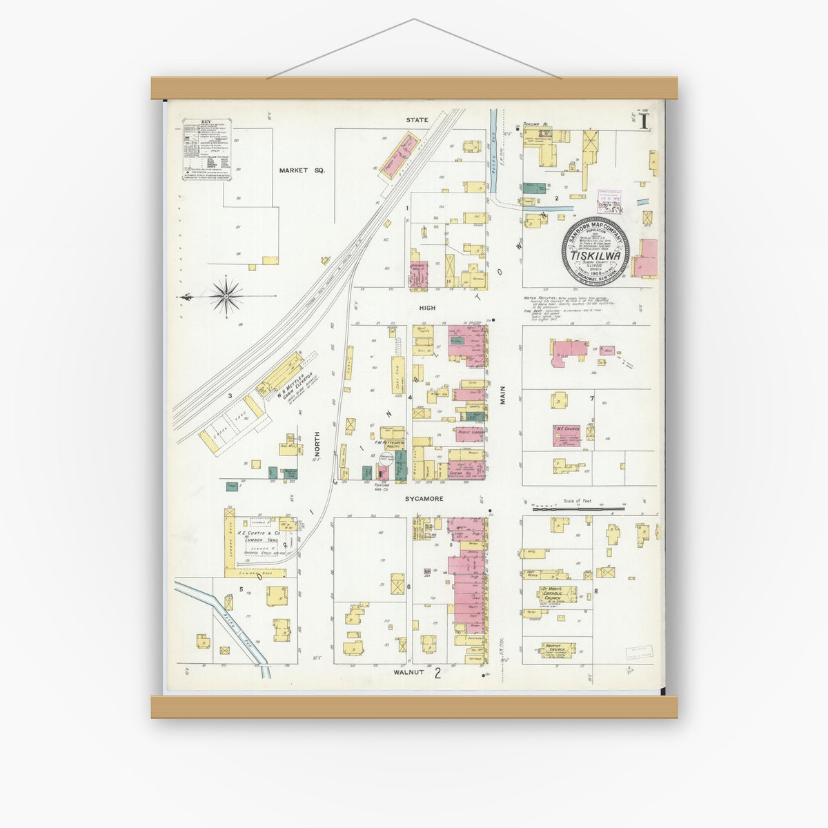 Old map wall art mockup — magnetic wood frame on white wall — Sanborn Fire Insurance Map from Tiskilwa, Bureau County, Illinois (1909) - Complete Map Set