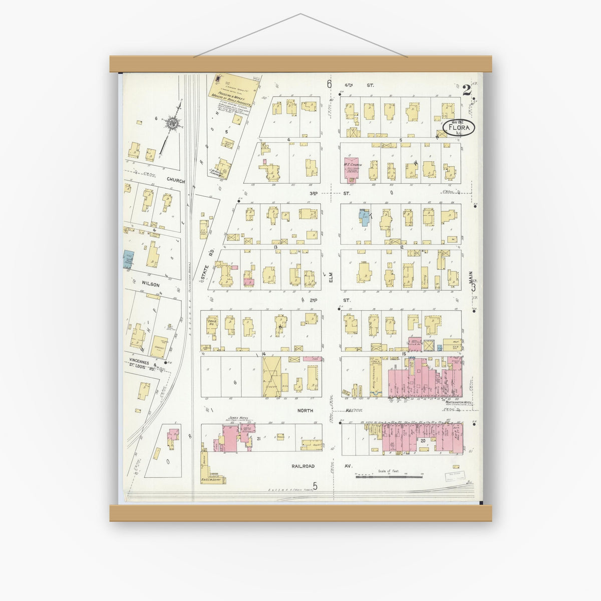 Old map wall art mockup — magnetic wood frame on white wall — Sanborn Fire Insurance Map from Flora, Clay County, Illinois (1912), Sheet #0002