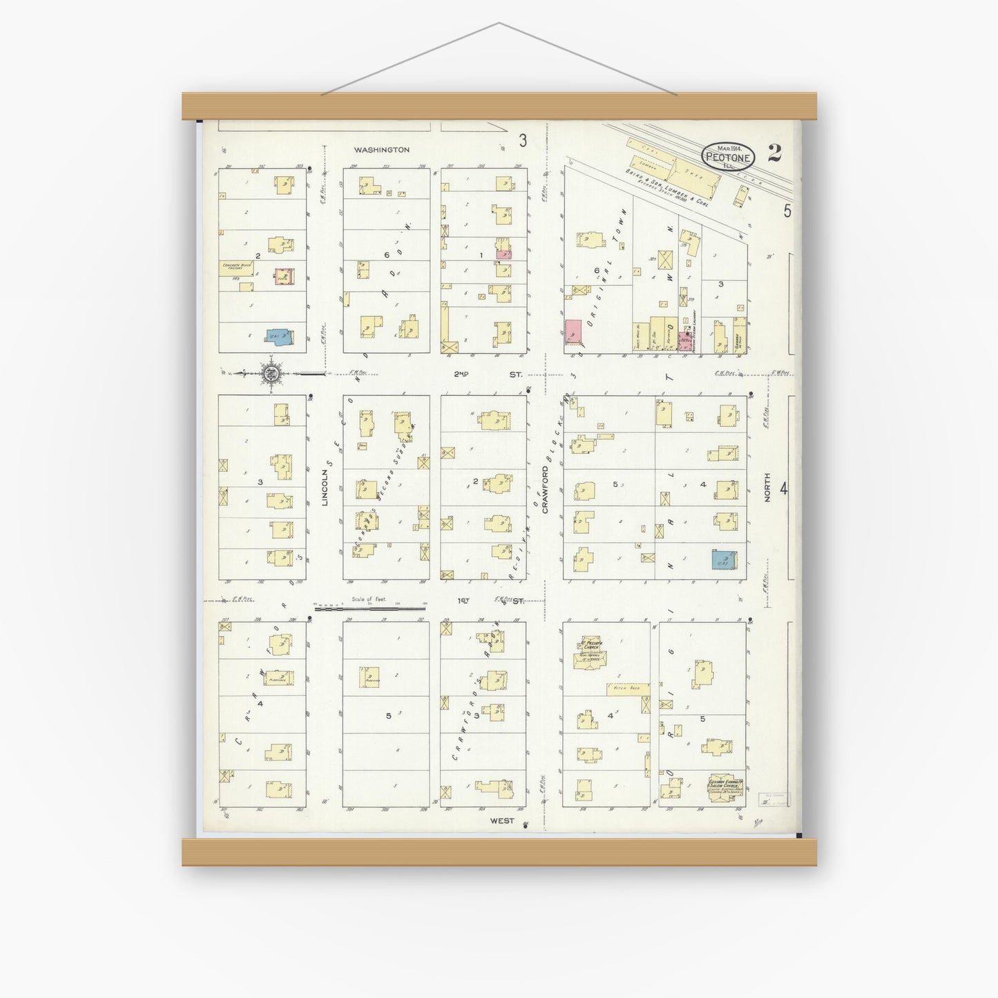 Old map wall art mockup — magnetic wood frame on white wall — Sanborn Fire Insurance Map from Peotone, Will County, Illinois (1914), Sheet #0002