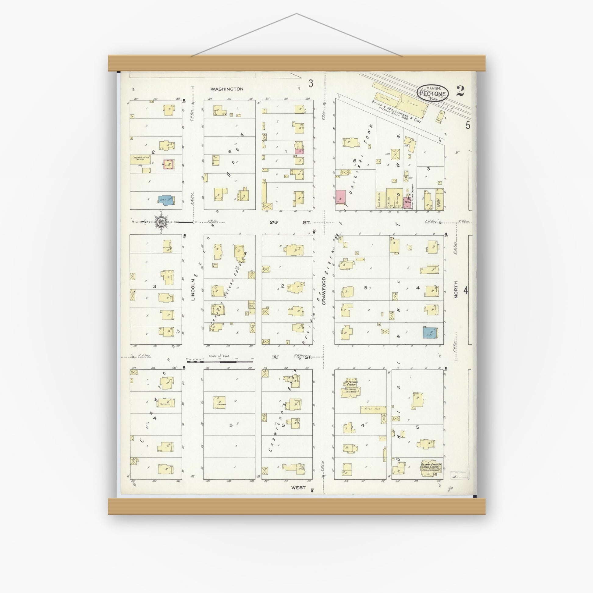 Old map wall art mockup — magnetic wood frame on white wall — Sanborn Fire Insurance Map from Peotone, Will County, Illinois (1914), Sheet #0002