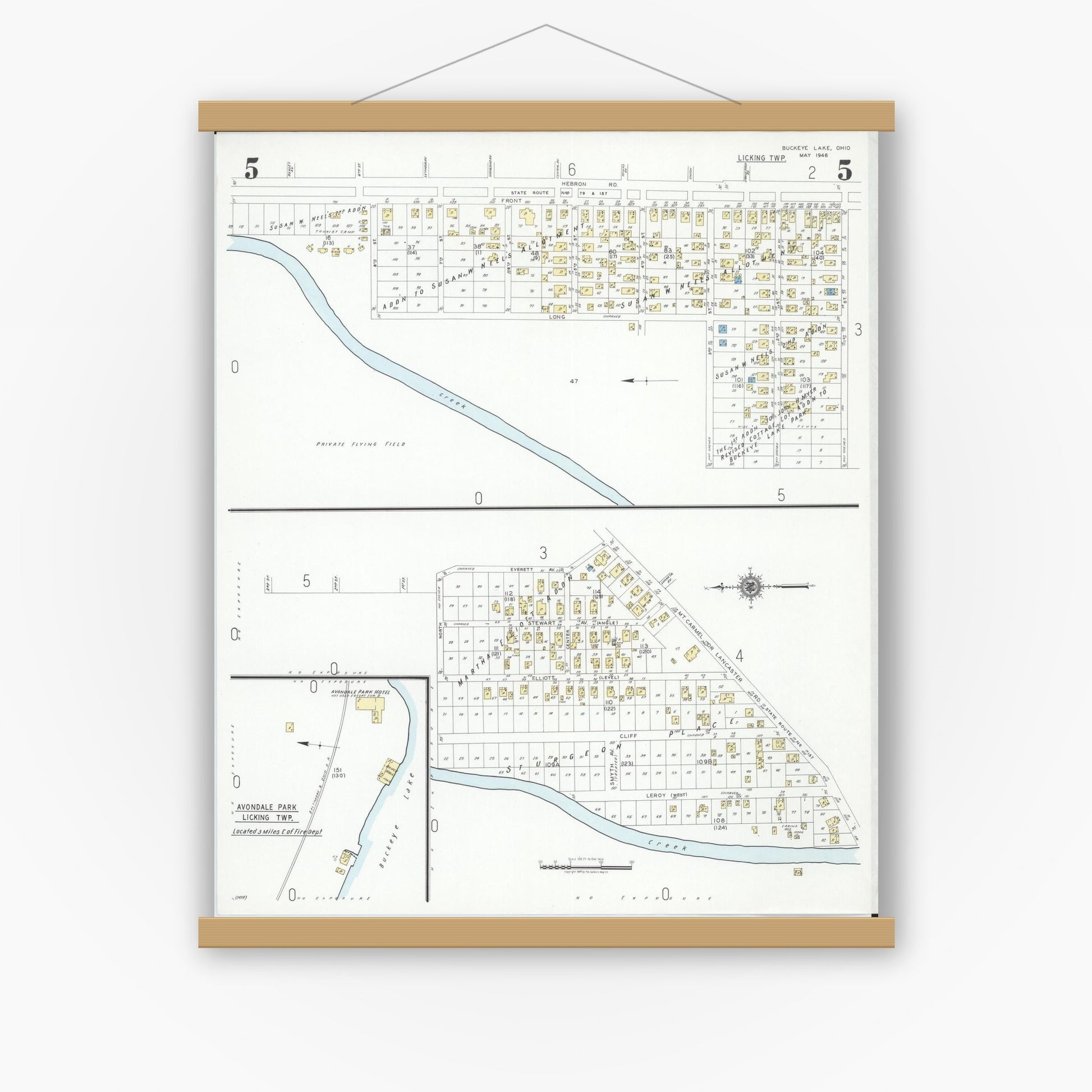 Old map wall art mockup — magnetic wood frame on white wall — Sanborn Fire Insurance Map from Buckeye Lake, Licking County, Ohio (1946), Sheet #0005