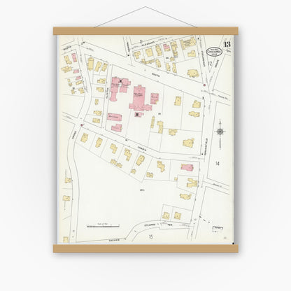 Old map wall art mockup — magnetic wood frame on white wall — Sanborn Fire Insurance Map from Chicopee, Hampden County, Massachusetts (1910), Sheet #0013