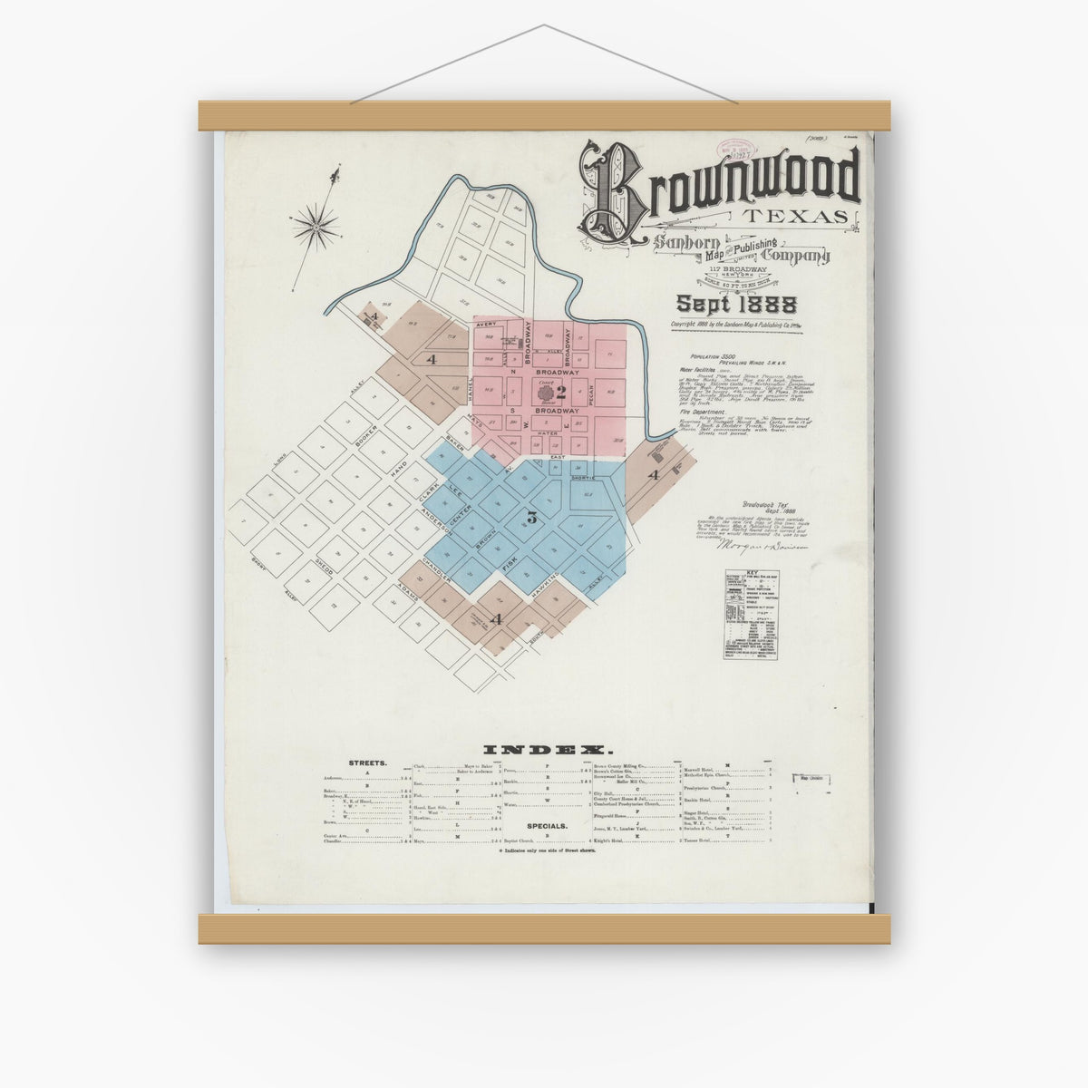 Old map wall art mockup — magnetic wood frame on white wall — Sanborn Fire Insurance Map from Brownwood, Brown County, Texas (1888) - Complete Map Set