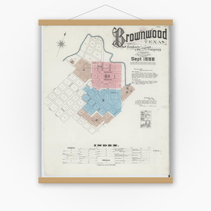 Old map wall art mockup — magnetic wood frame on white wall — Sanborn Fire Insurance Map from Brownwood, Brown County, Texas (1888) - Complete Map Set