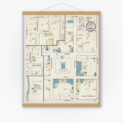Old map wall art mockup — magnetic wood frame on white wall — Sanborn Fire Insurance Map from Burnet, Burnet County, Texas (1885), Sheet #0001