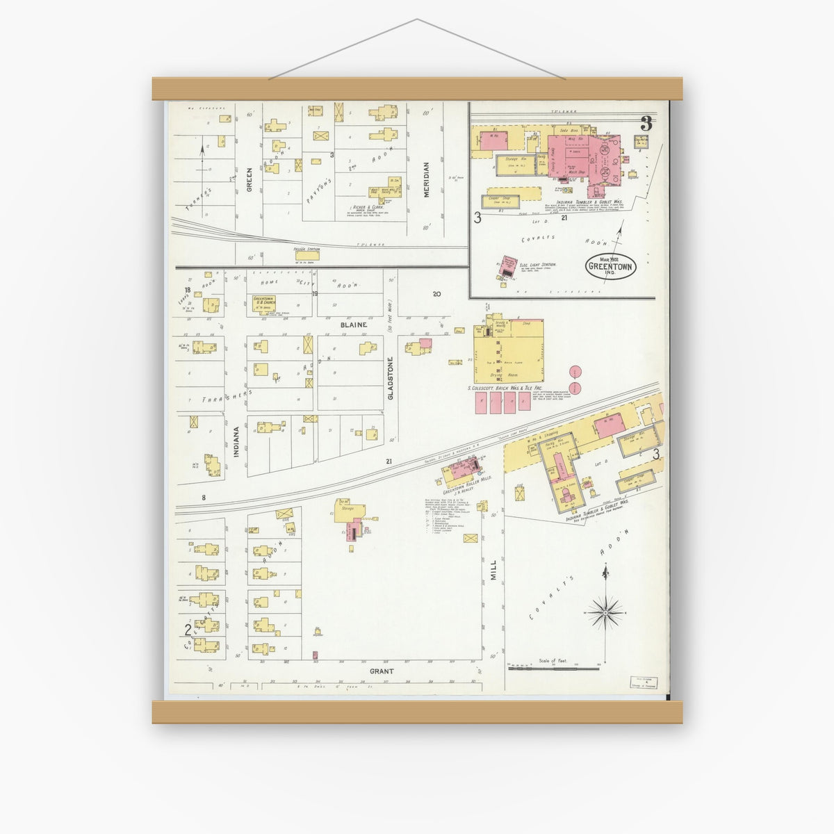 Old map wall art mockup — magnetic wood frame on white wall — Sanborn Fire Insurance Map from Greentown, Howard County, Indiana (1902), Sheet #0003