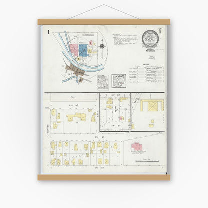 Old map wall art mockup — magnetic wood frame on white wall — Sanborn Fire Insurance Map from Beverly, Washington County, Ohio (1924), Sheet #0001