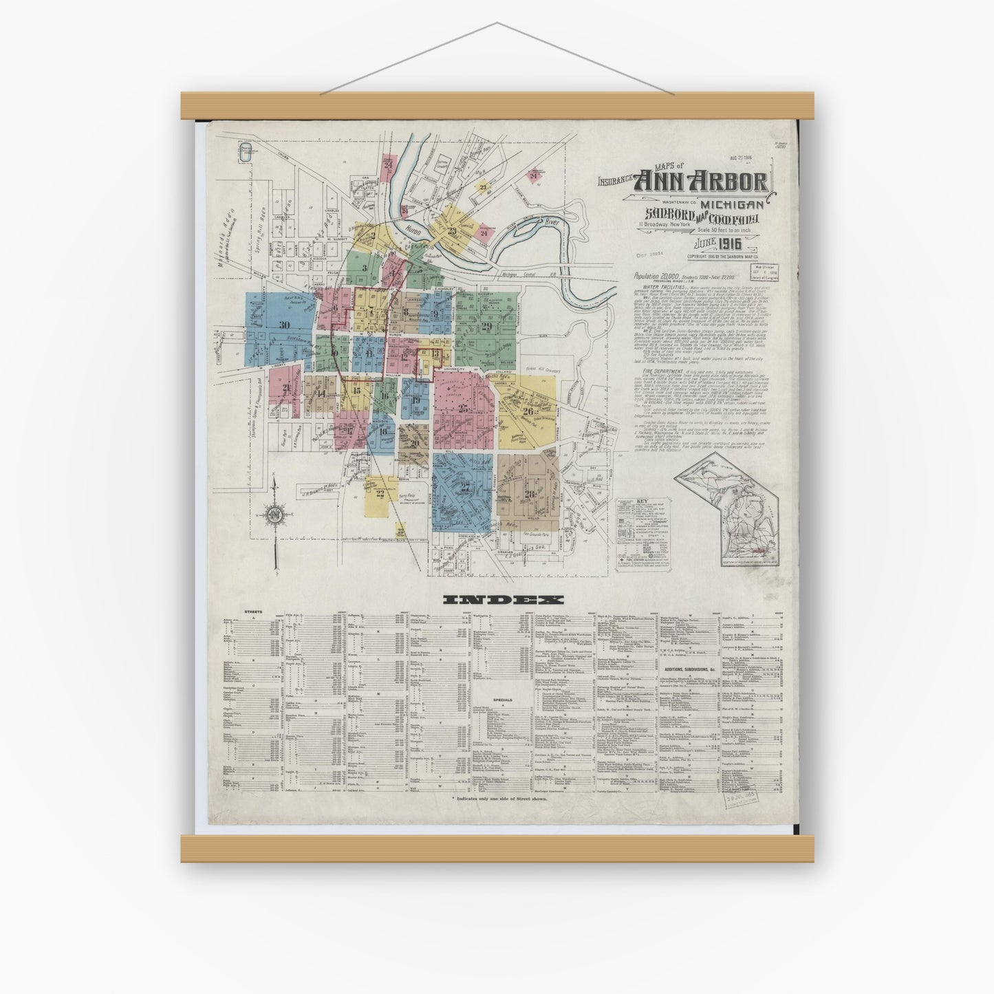 Old map wall art mockup — magnetic wood frame on white wall — Sanborn Fire Insurance Map from Ann Arbor, Washtenaw County, Michigan (1916), Sheet #0001