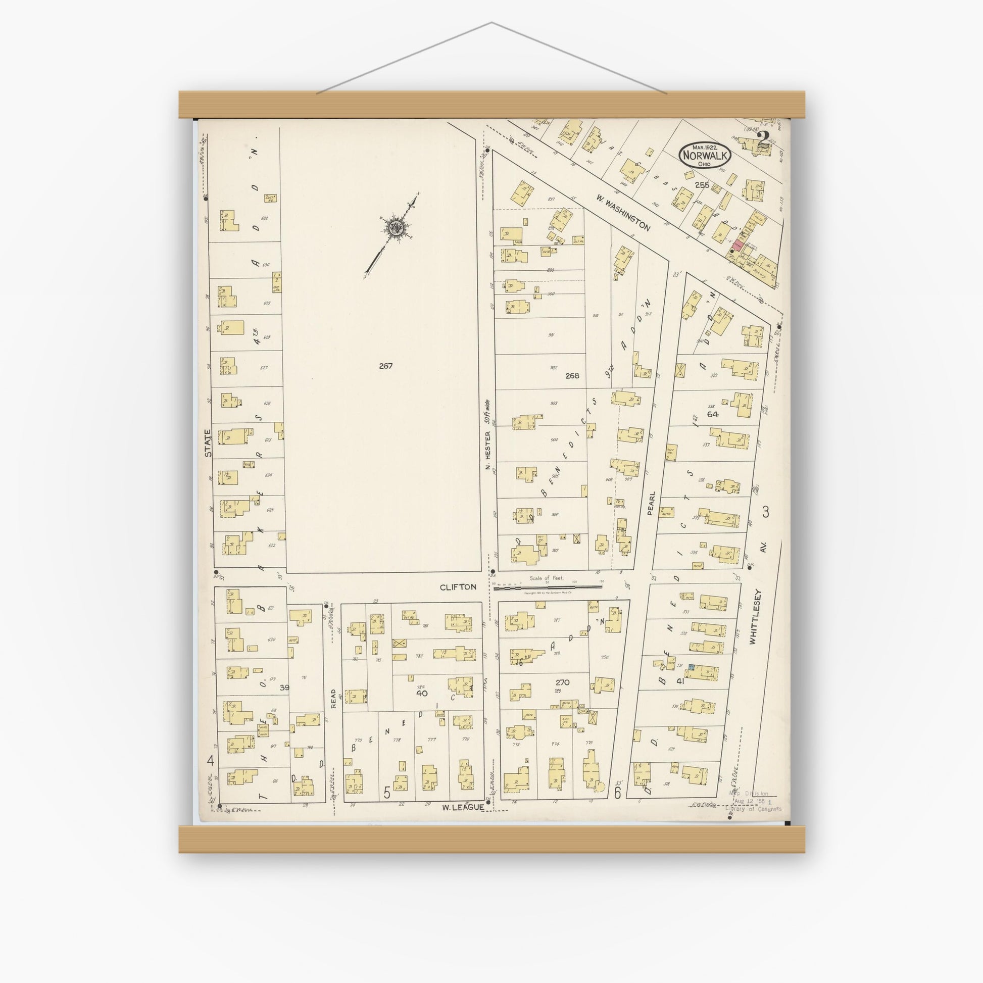 Old map wall art mockup — magnetic wood frame on white wall — Sanborn Fire Insurance Map from Norwalk, Huron County, Ohio (1922), Sheet #0002