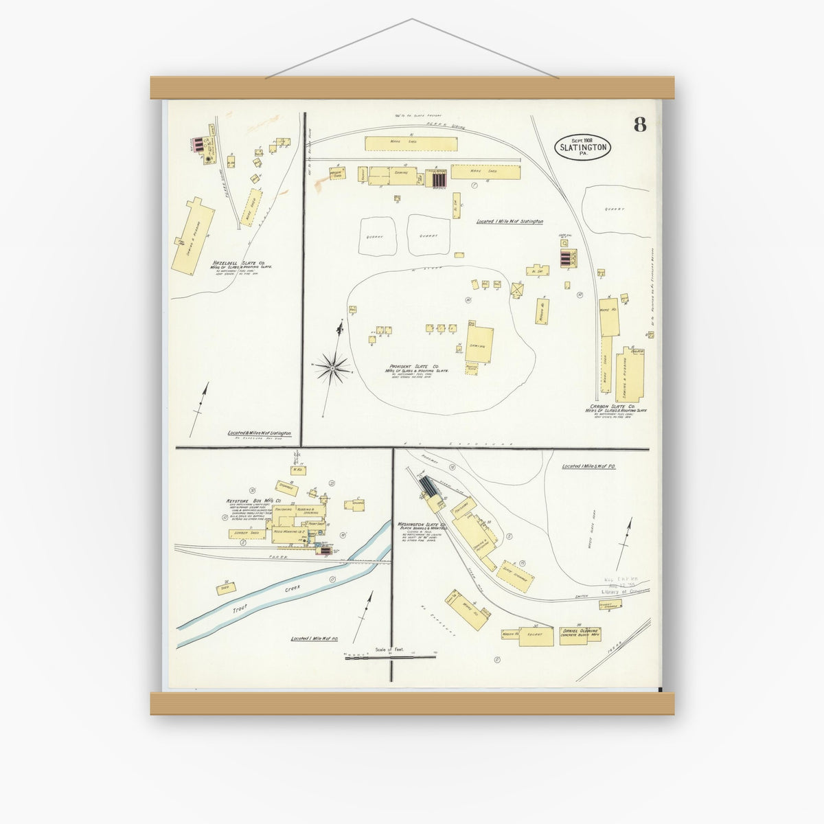 Old map wall art mockup — magnetic wood frame on white wall — Sanborn Fire Insurance Map from Slatington, Lehigh County, Pennsylvania (1908), Sheet #0008