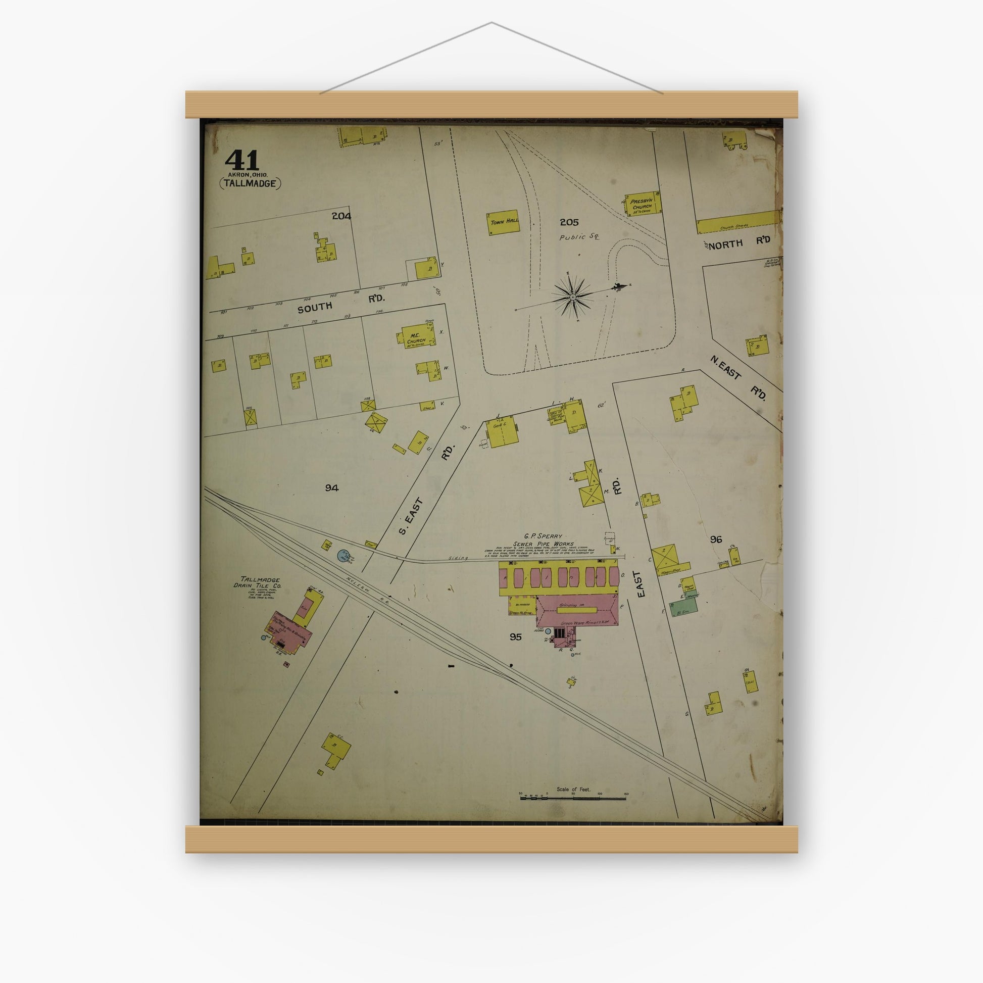 Old map wall art mockup — magnetic wood frame on white wall — Sanborn Fire Insurance Map from Akron, Summit County, Ohio (1892), Sheet #0041