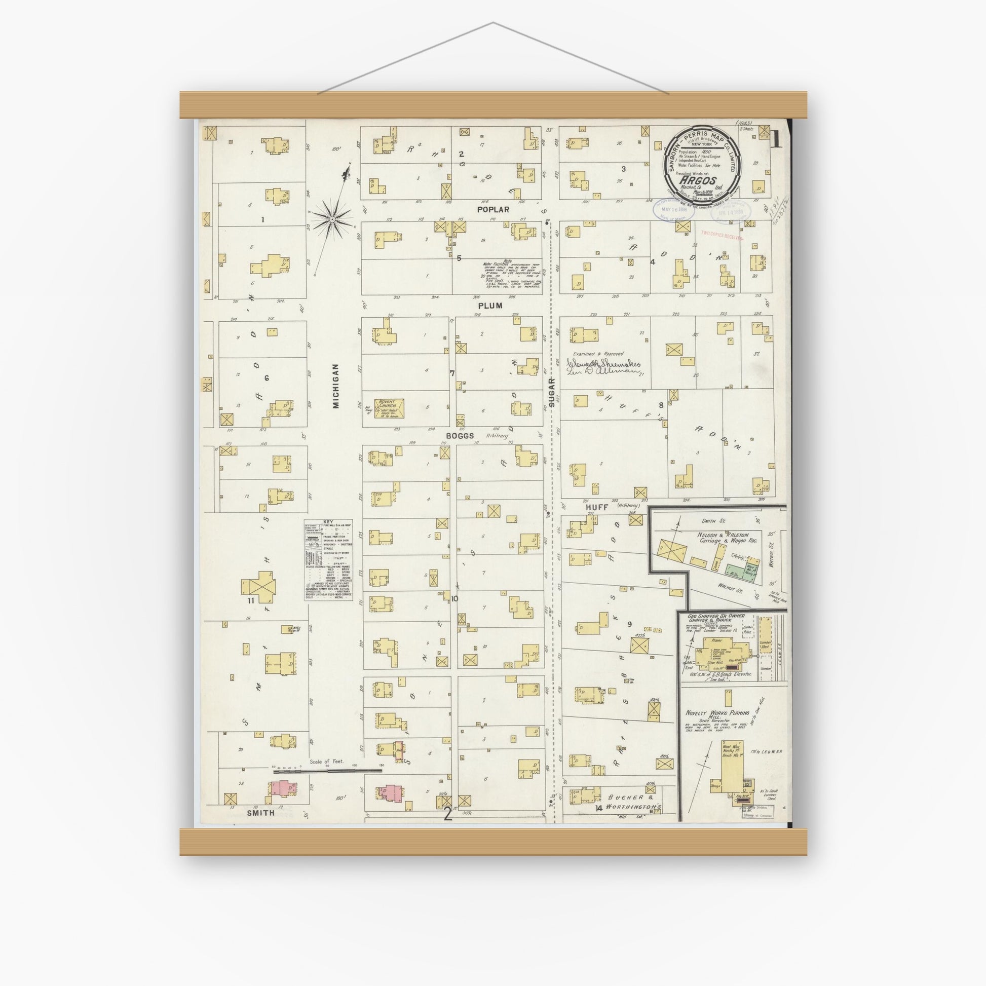 Old map wall art mockup — magnetic wood frame on white wall — Sanborn Fire Insurance Map from Argos, Marshall County, Indiana (1898), Sheet #0001