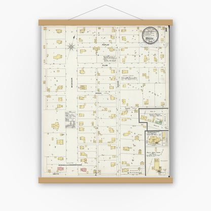 Old map wall art mockup — magnetic wood frame on white wall — Sanborn Fire Insurance Map from Argos, Marshall County, Indiana (1898), Sheet #0001