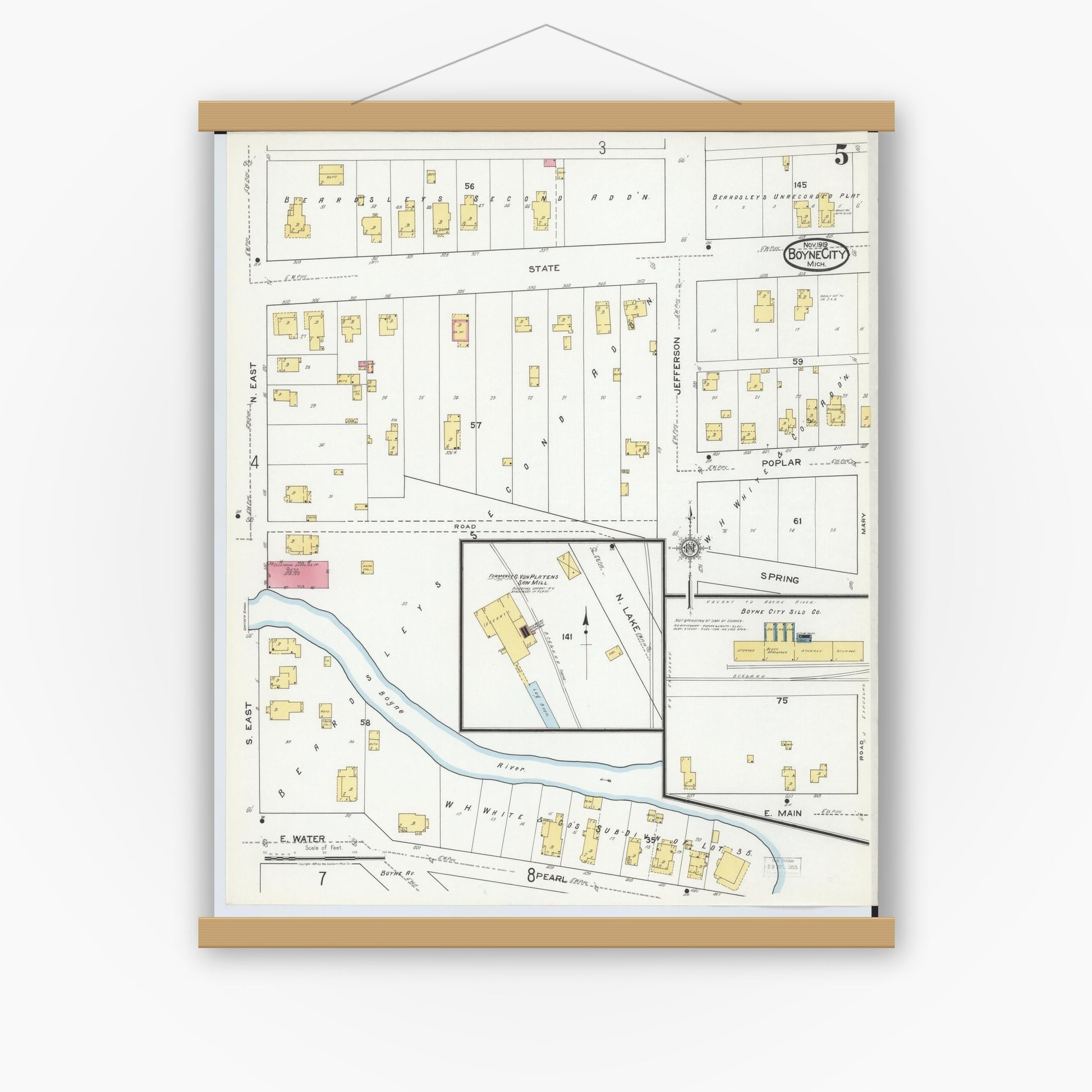 Old map wall art mockup — magnetic wood frame on white wall — Sanborn Fire Insurance Map from Boyne City, Charlevoix County, Michigan (1919), Sheet #0005