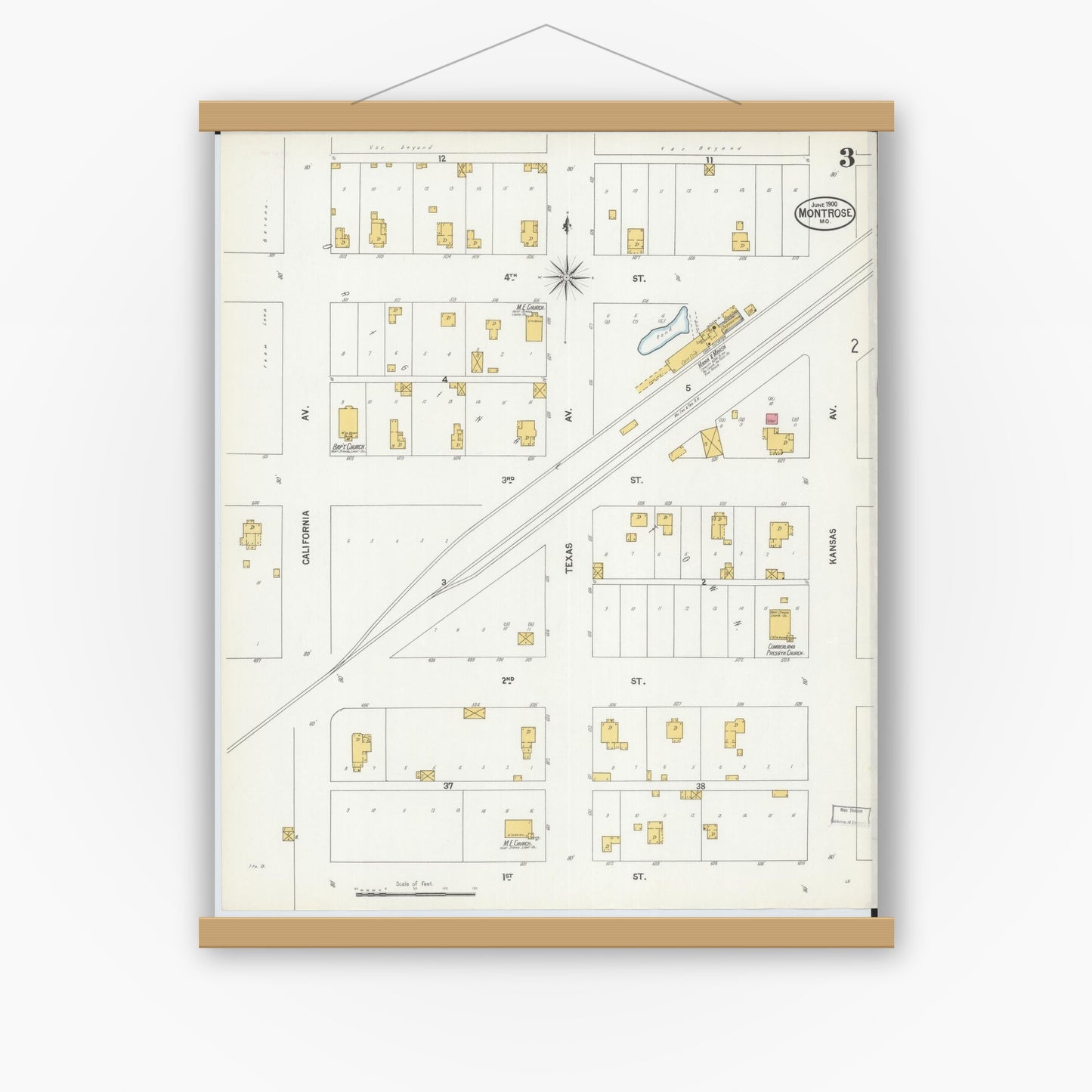 Old map wall art mockup — magnetic wood frame on white wall — Sanborn Fire Insurance Map from Montrose, Henry County, Missouri (1900), Sheet #0003