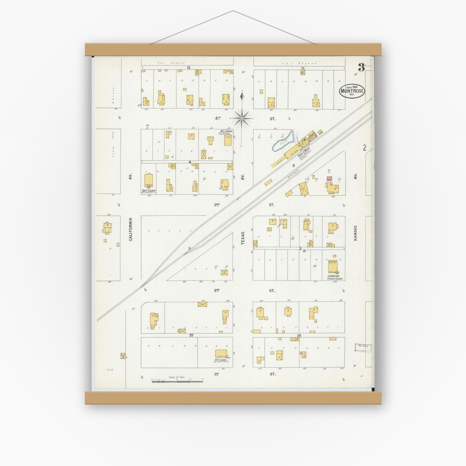 Old map wall art mockup — magnetic wood frame on white wall — Sanborn Fire Insurance Map from Montrose, Henry County, Missouri (1900), Sheet #0003