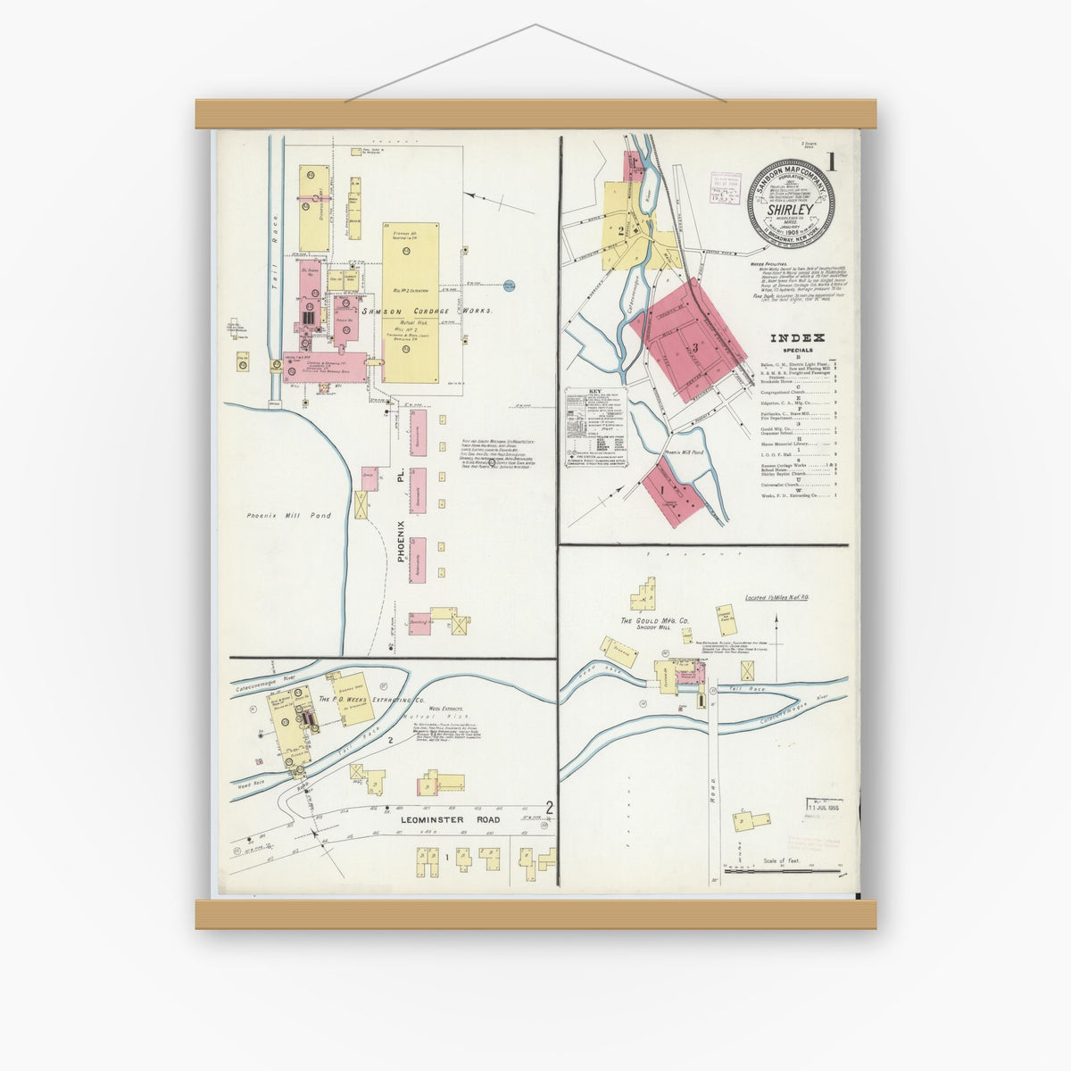 Old map wall art mockup — magnetic wood frame on white wall — Sanborn Fire Insurance Map from Shirley, Middlesex County, Massachusetts (1908), Sheet #0001