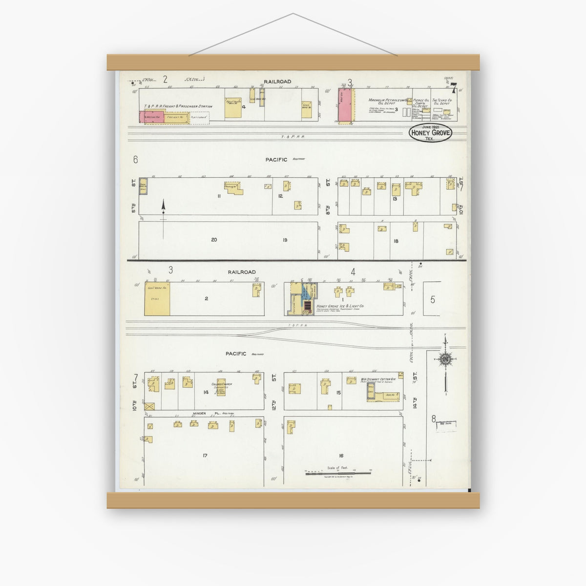 Old map wall art mockup — magnetic wood frame on white wall — Sanborn Fire Insurance Map from Honey Grove, Fannin County, Texas (1921), Sheet #0007